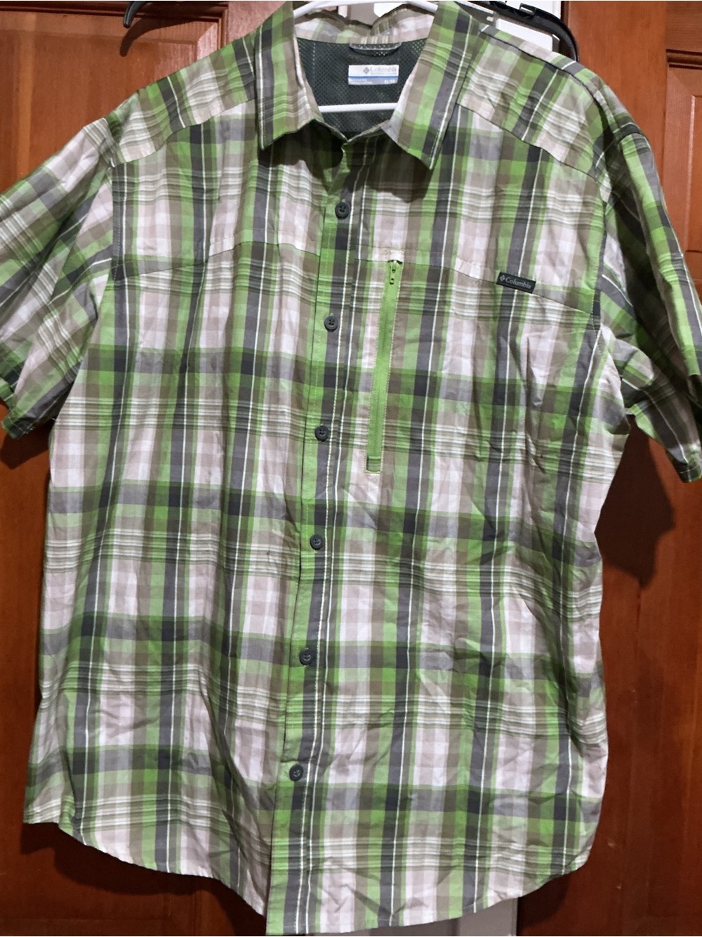 Columbia Olive and White Plaid Short-Sleeve Button-Down Shirt